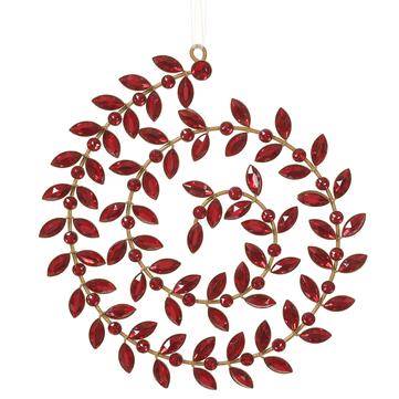 8.25" Rhinestone Leaf Wreath Ornament Red Gold