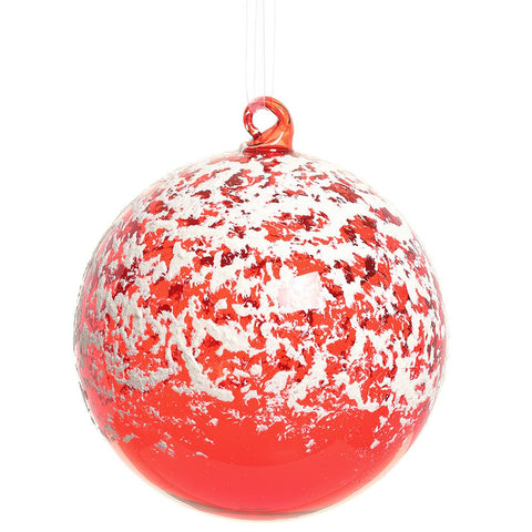 Snowed Glass Ball Ornament, 4.75" (Red & White)