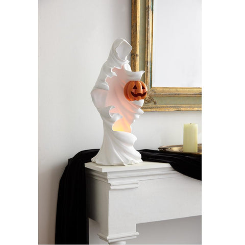 Battery Operated Ghost Holding A Jack-O'-lantern With Light, 20" (White & Orange)