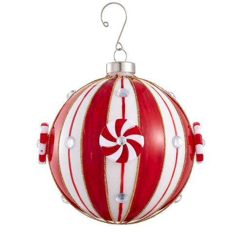 Glittered Candy Glass Ball Ornament, 4.75" (Red & White)