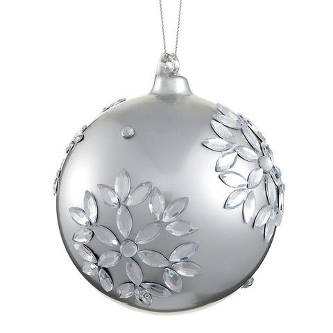 Rhinestone Snowflake Glass Ball Ornament, 4" (Silver)