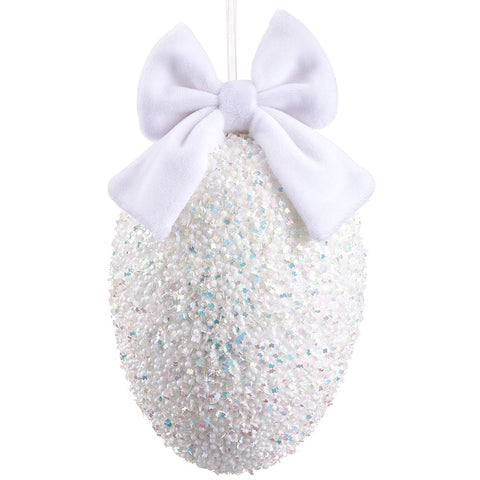 Glittered Egg Ornament W/ Bow, 7.5" (White)