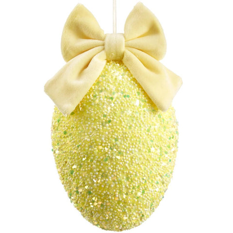 Glittered Egg Ornament W/ Bow, 7.5" (Yellow)