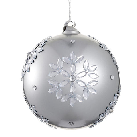 Rhinestone Snowflake Glass Ball Ornament, 4.75" (Silver)