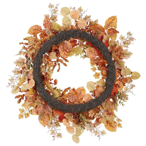Velvet Pumpkin/Berry/ Plastic Wheat Wreath, 30" (Orange & Green)