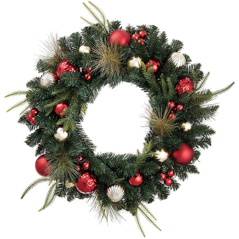 Plastic Ball/Mixed Pine Wreath, 24" (Red Gold)