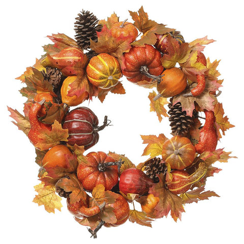 22" Pumpkin & Pine Cone Wreath, Orange / Brown