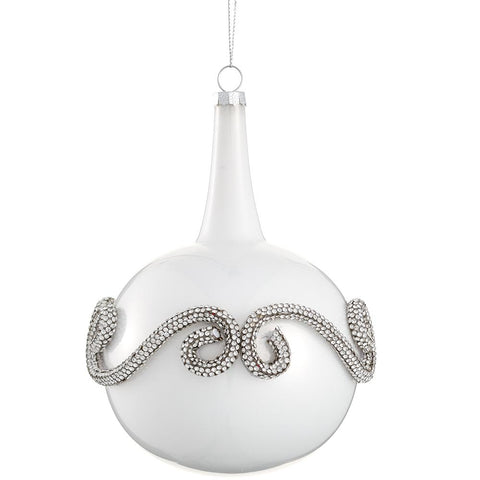 Diamond Trim Glass Drop Ornament, 6" (Silver & Pearl)