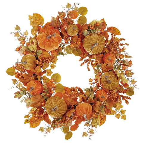 Velvet Pumpkin/Berry/ Plastic Wheat Wreath, 30" (Orange & Green)