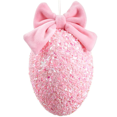 Glittered Egg Ornament W/ Bow, 7.5" (Pink)