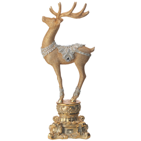Resin Jeweled Old World Deer On Pedestal, 18"