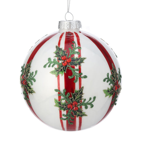 Glass Pearlized Holly/Stripe Ball Ornament, 5"
