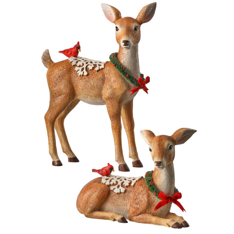Resin Deer w/Cardinals & Snowflake Saddles, 9-12" (Set of 2)