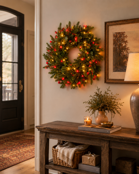 Oregon Mixed Pine Wreath, LED Lit (Red/Warm White), 30"
