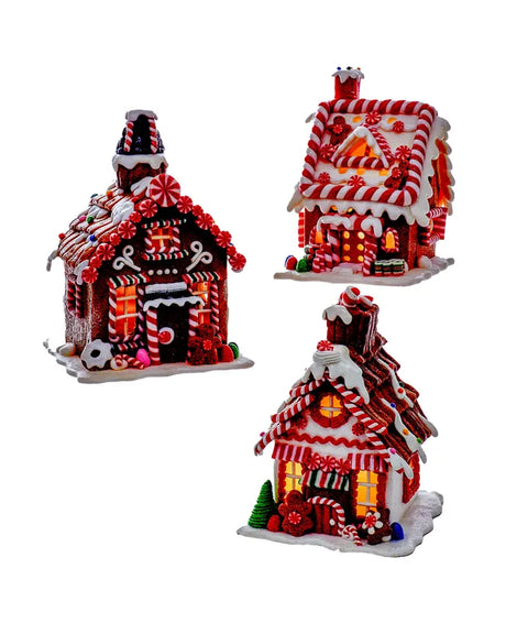 8" Battery-Operated LED Brown Gingerbread House Ornaments, 3 Assorted