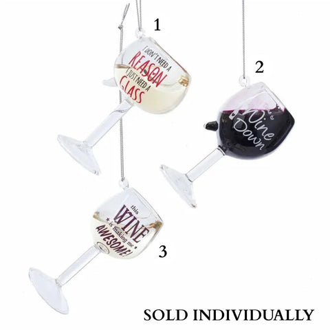 Glass Wine Glass With Sayings Ornaments (3 Styles – Sold individually)