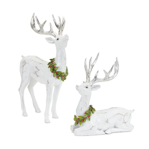 White Deer Figurines with Silver Antler and Wreath Accent