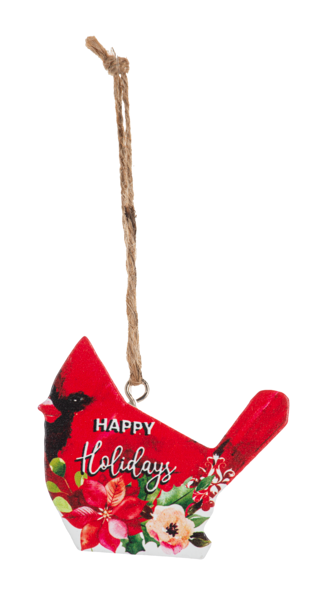 2.5"H Wooden Cardinal Happy Holidays Ornament