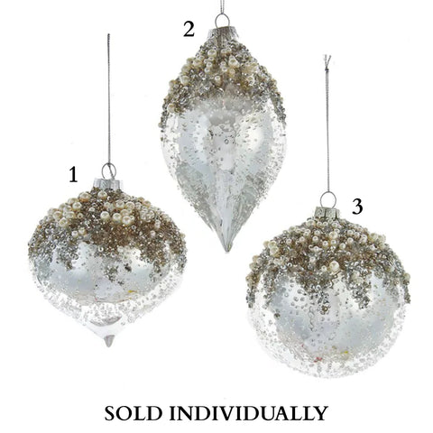 Glass Icy Silver Ball, Onion and Drop Ornaments (3 Styles – Sold individually)