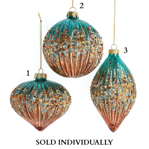 Glass Ombré Teal & Desert Rose Ball, Drop & Onion Ornaments (3 Styles – Sold individually)