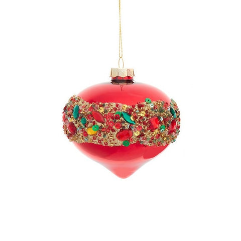 Glass Shiny Red w/Embellishments Ball, Onion & Drop Ornament, 4" (3 styles - sold individually)