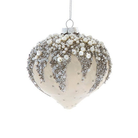 Glass Ivory Beaded Ball, Onion & Drop Ornament, 4" (3 styles - sold individually)