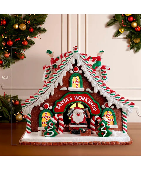 10.5" Battery Operated Light Up Santa's Workshop Claydough Gingerbread House