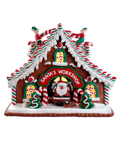 10.5" Battery Operated Light Up Santa's Workshop Claydough Gingerbread House