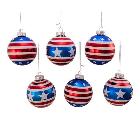 Glass Red, White and Blue Stars and Stripes Glass Ball Ornaments, 3.15" (Set of 6)