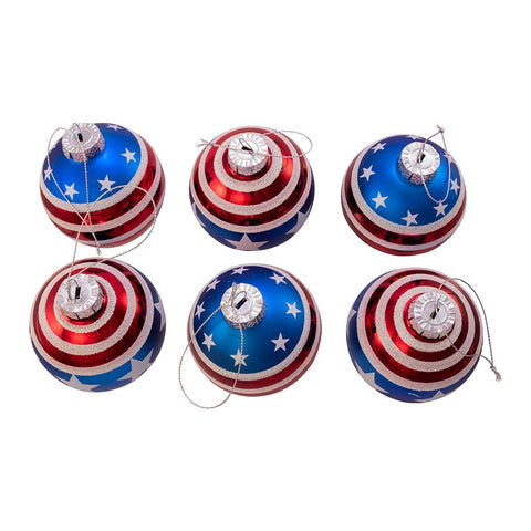 Glass Red, White and Blue Stars and Stripes Glass Ball Ornaments, 3.15" (Set of 6)