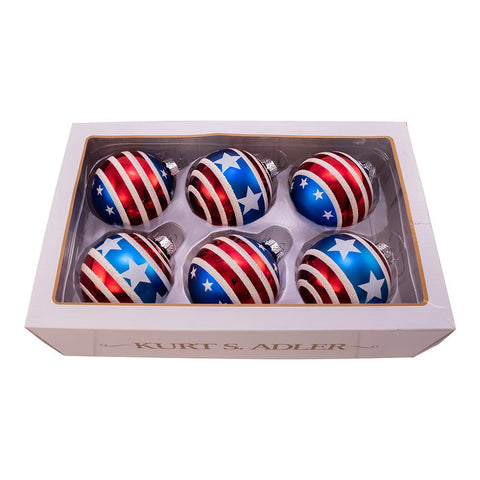 Glass Red, White and Blue Stars and Stripes Glass Ball Ornaments, 3.15" (Set of 6)