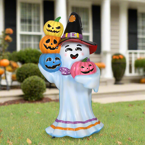 Large Halloween decoration ghost with pumpkins.