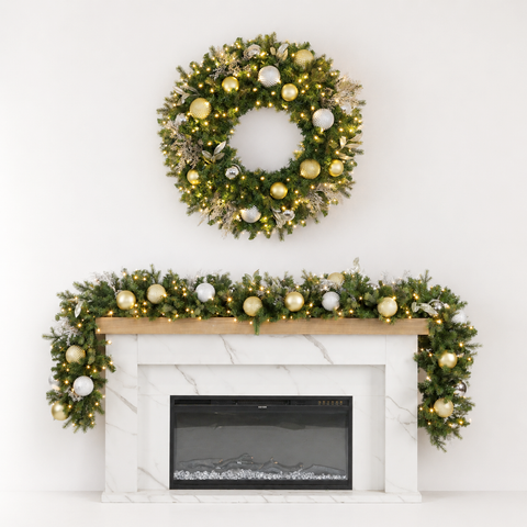 Pre-Decorated Mixed Pine Artificial Christmas Garland, LED Lit Warm White, (10"D / 14"D)