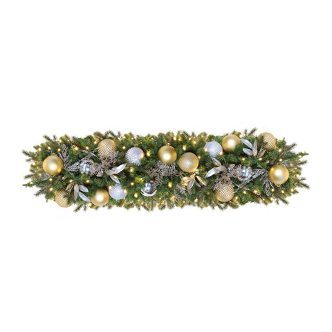 Garland, Pre-Decorated Indoor: Mixed Pine PVC/PE Greenery, LED Warm White, 9-foot section