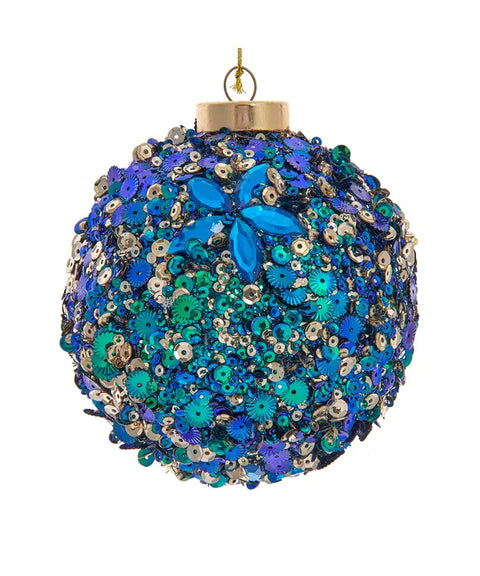 4" Peacock Inspired Glittered and Sequined Ball Ornament