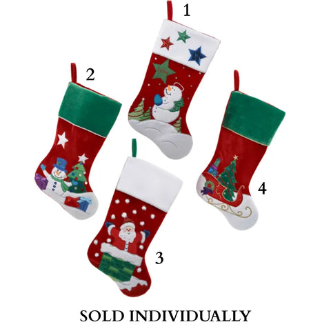 Velvet Santa/Snowman/Sleigh Stockings, 20.5“ (4 Styles – Sold individually)