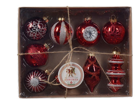 Red Glass ornament Assortment (9 pieces) 3.75" H