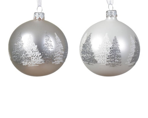 Glass Silver/Winter White Ornaments w/Tree design 8cm diameter (sold individually) - Pick up only
