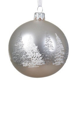 Glass Silver/Winter White Ornaments w/Tree design 8cm diameter