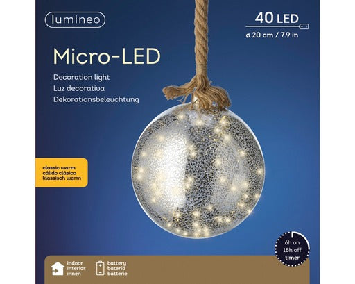 Battery Operated LED Micro Silver Ball 7.9" diameter (indoor)