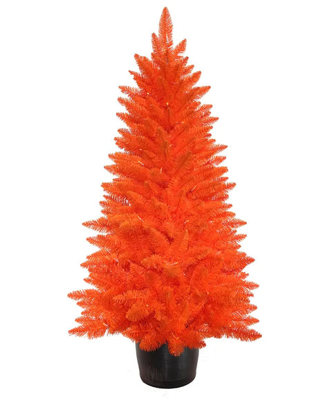 4.5' Battery Operated Pre-Lit Halloween Orange Potted Tree With Orange LED Lights