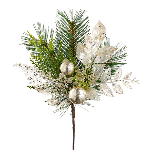 14" Glittered Ornament Ball/Fern/Pine Pick Silver Green