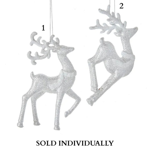 Silver and White Glittered Reindeer Ornaments (2 Styles – Sold individually)