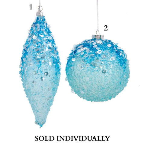 Blue Bead and Sequin Ball and Finial Ornaments (2 Styles – Sold individually)