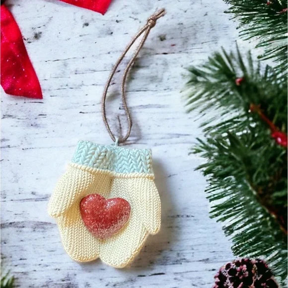 3.5" Resin Christmas Mittens w/Heart Ornament