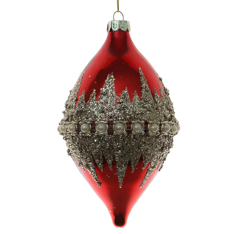 Glitter Pearl Band Finial Ornament, 6" (Red & Gold)