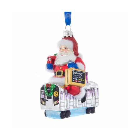 MTA NYC Transit Glass Santa Riding Subway Car Ornament, 4.65"