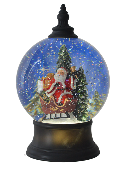 9.25"H LED Light Up Rotating Shimmer Flying Santa in Sleigh Globe