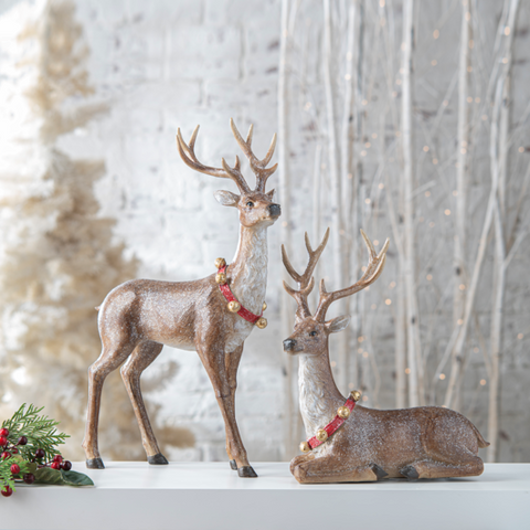 Deer w/Bell Wreath Figurine (Set of 2)