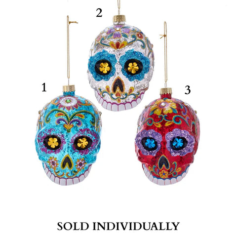 Noble Gems™ Fancy Sugar Skull Glass Ornaments,  4.5“ (3 Styles – Sold individually)